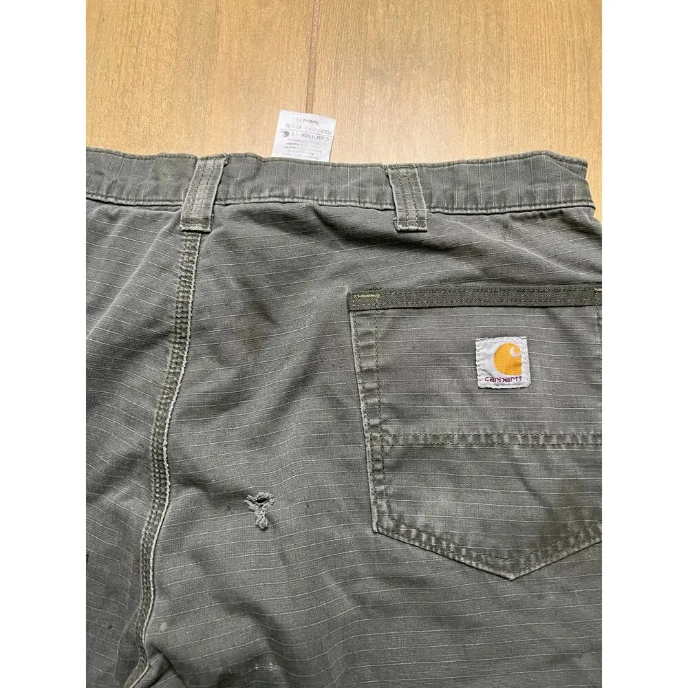Vintage Carhartt Green Ripstop‎ Cargo Double Knee flannel-lined Actual Sz 38x30